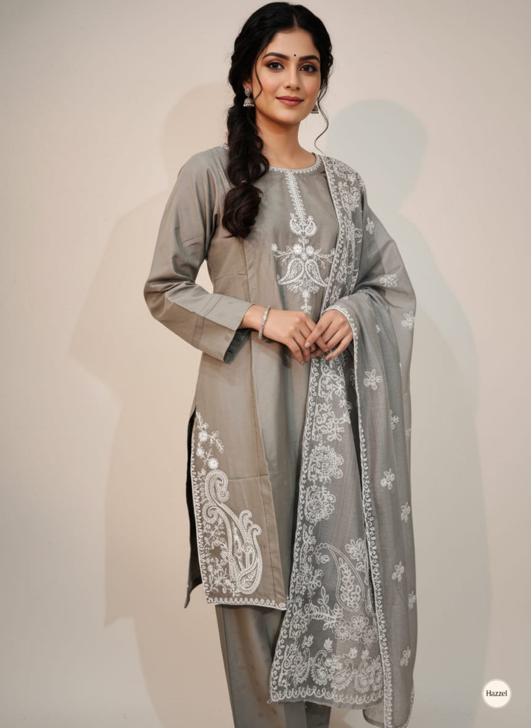 Elegant 3-Piece Stitched Cotton Suit with Embroidered Chiffon Dupatta - Grey - Ready to Wear