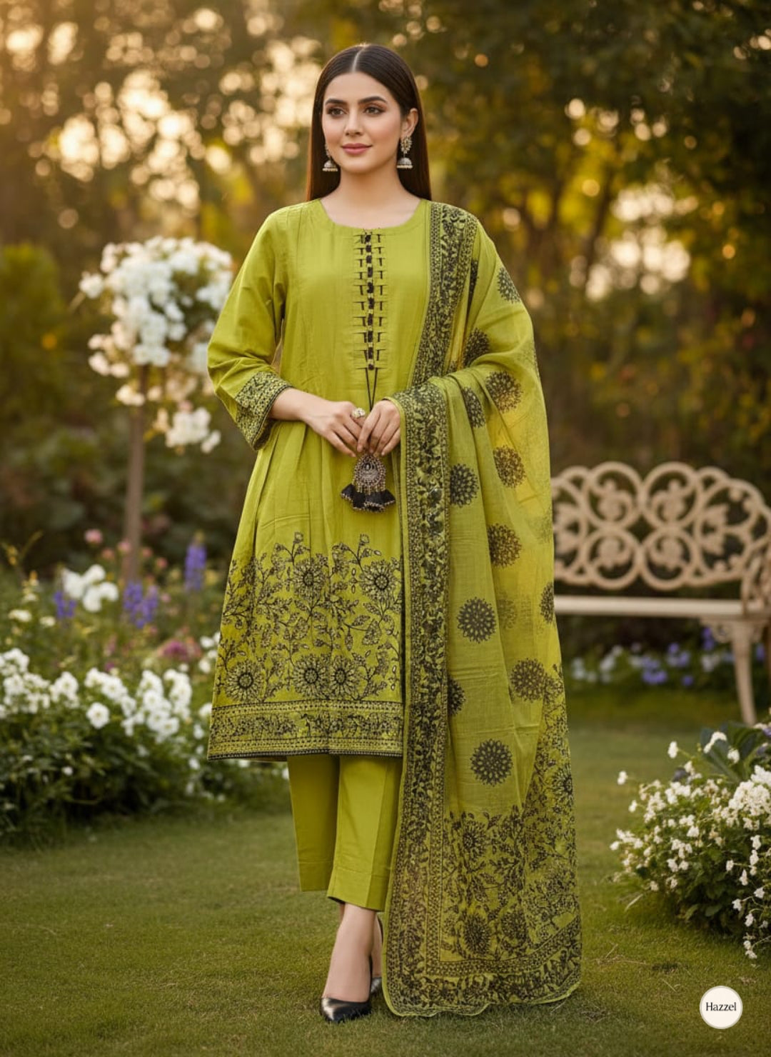 3-Piece Stitched Cotton Frock Style Suit with Chiffon Dupatta - Olive Green - Ready to Wear