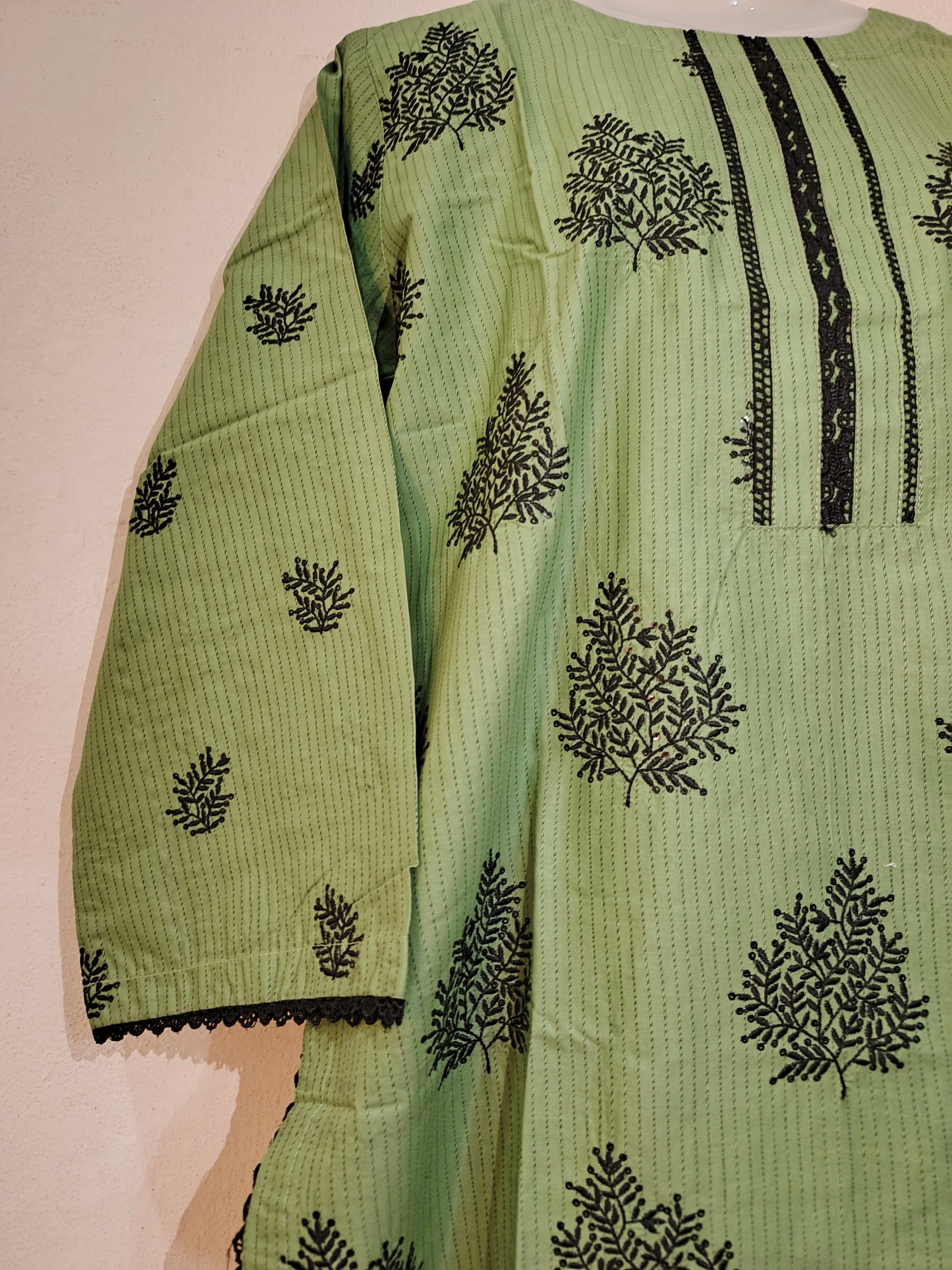 2-Piece Stitched Striped Cotton Suit with Black Embroidery - Light Green - Ready to Wear