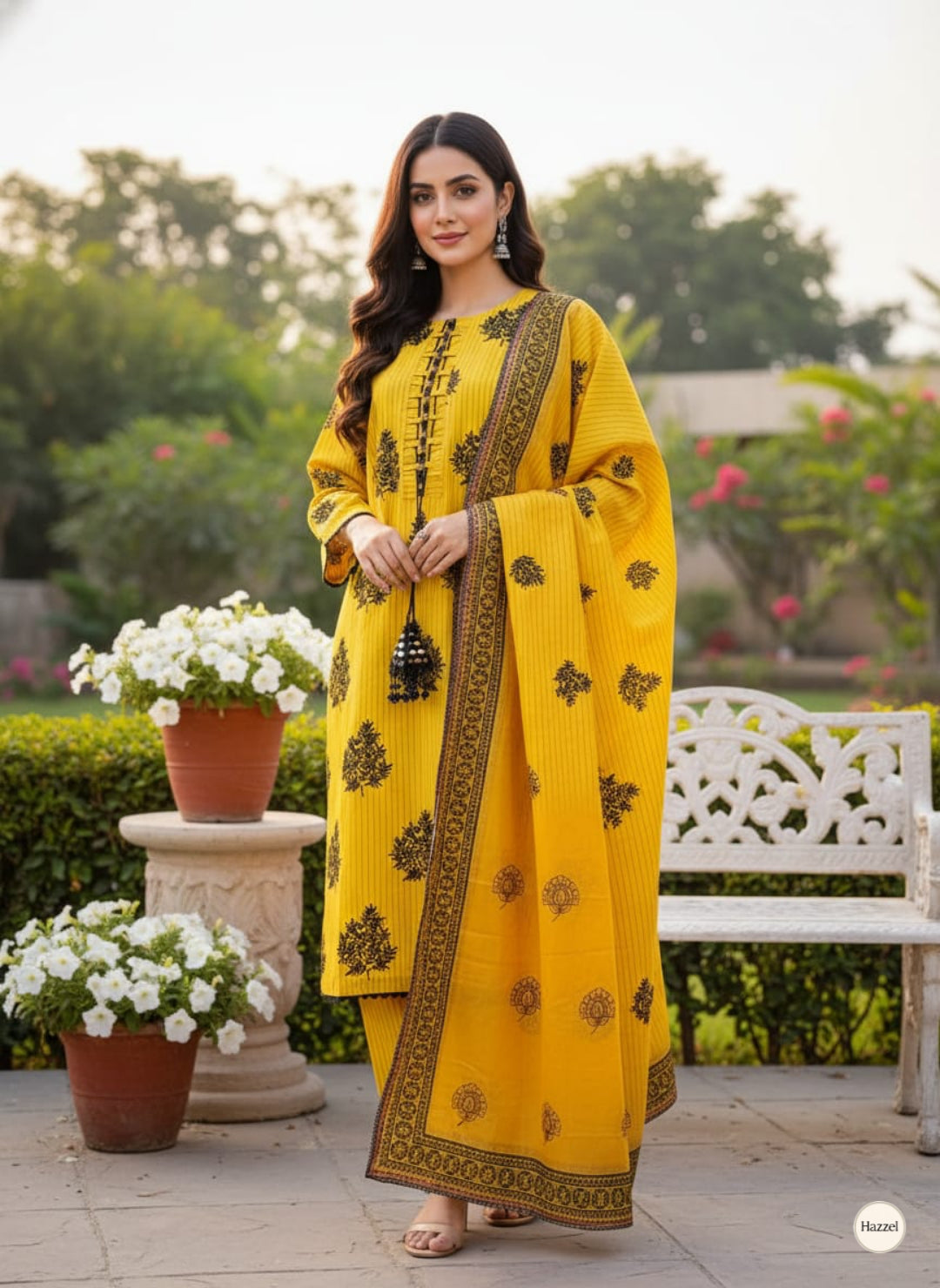 3-Piece Stitched Striped Cotton Suit with Embroidery & Chiffon Dupatta - Yellow & Black