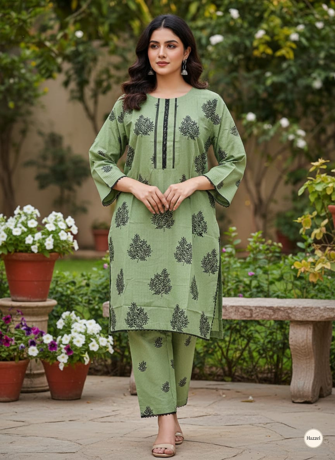 2-Piece Stitched Striped Cotton Suit with Black Embroidery - Light Green - Ready to Wear
