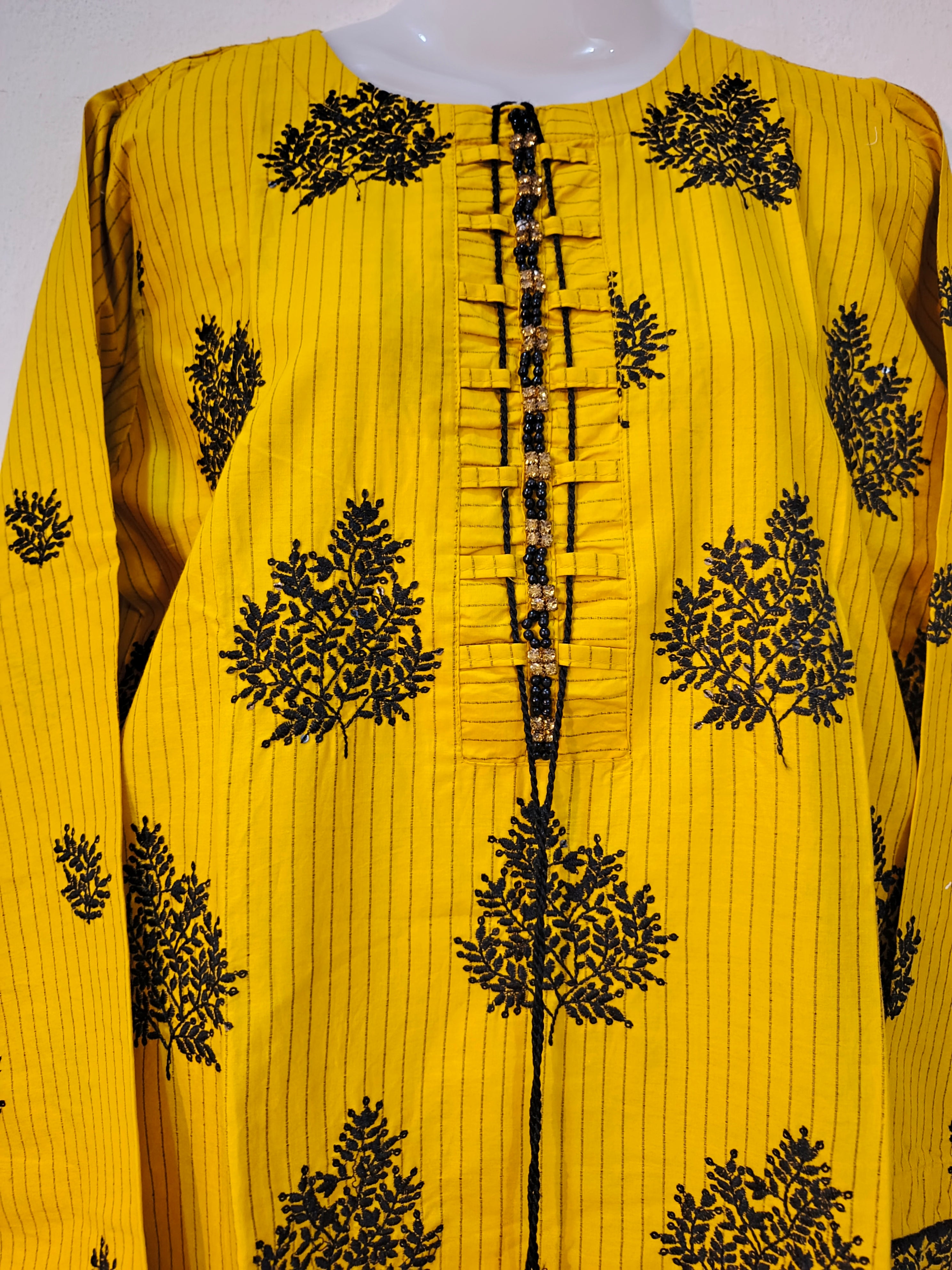 3-Piece Stitched Striped Cotton Suit with Embroidery & Chiffon Dupatta - Yellow & Black