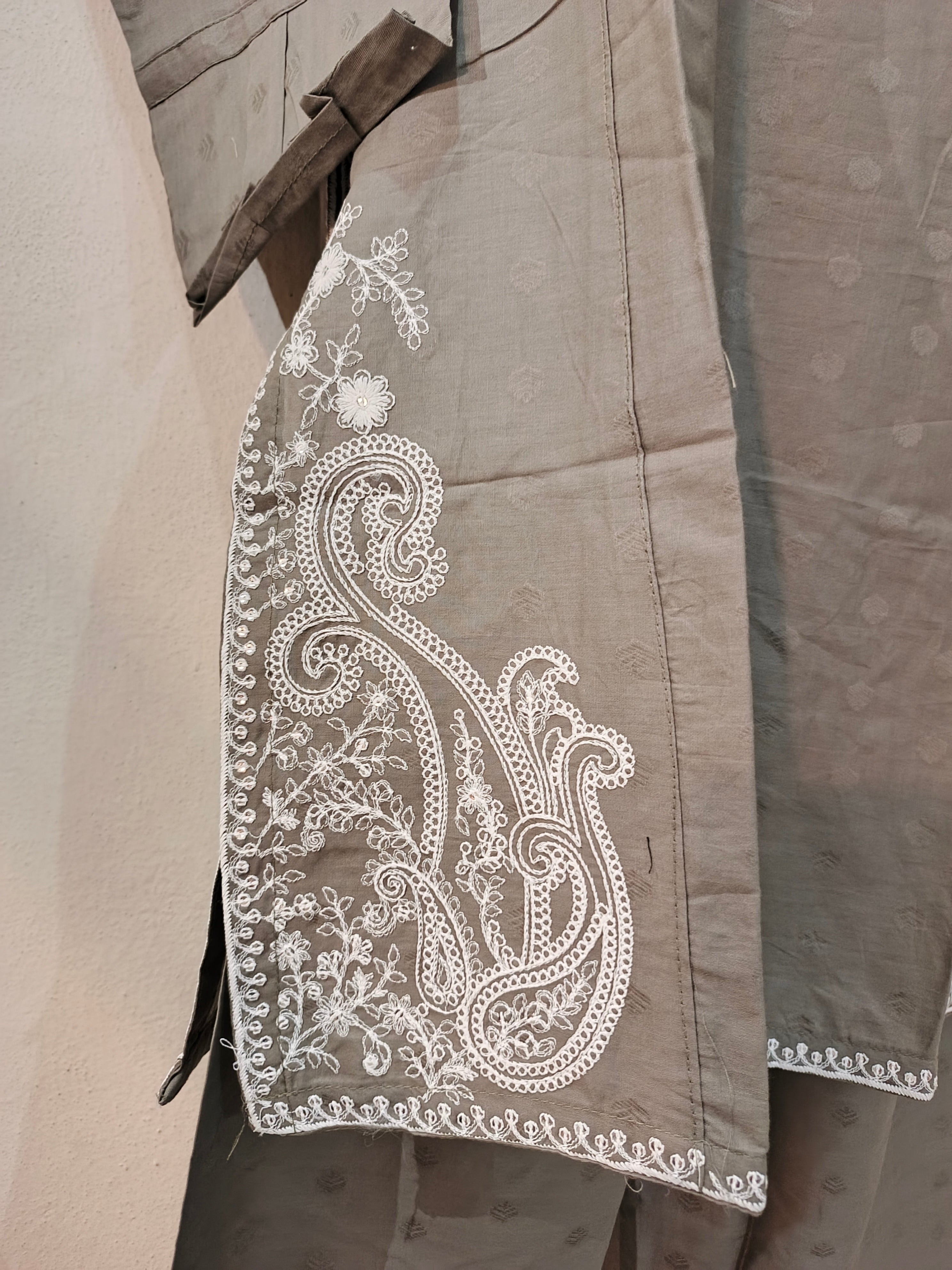 Elegant 3-Piece Stitched Cotton Suit with Embroidered Chiffon Dupatta - Grey - Ready to Wear