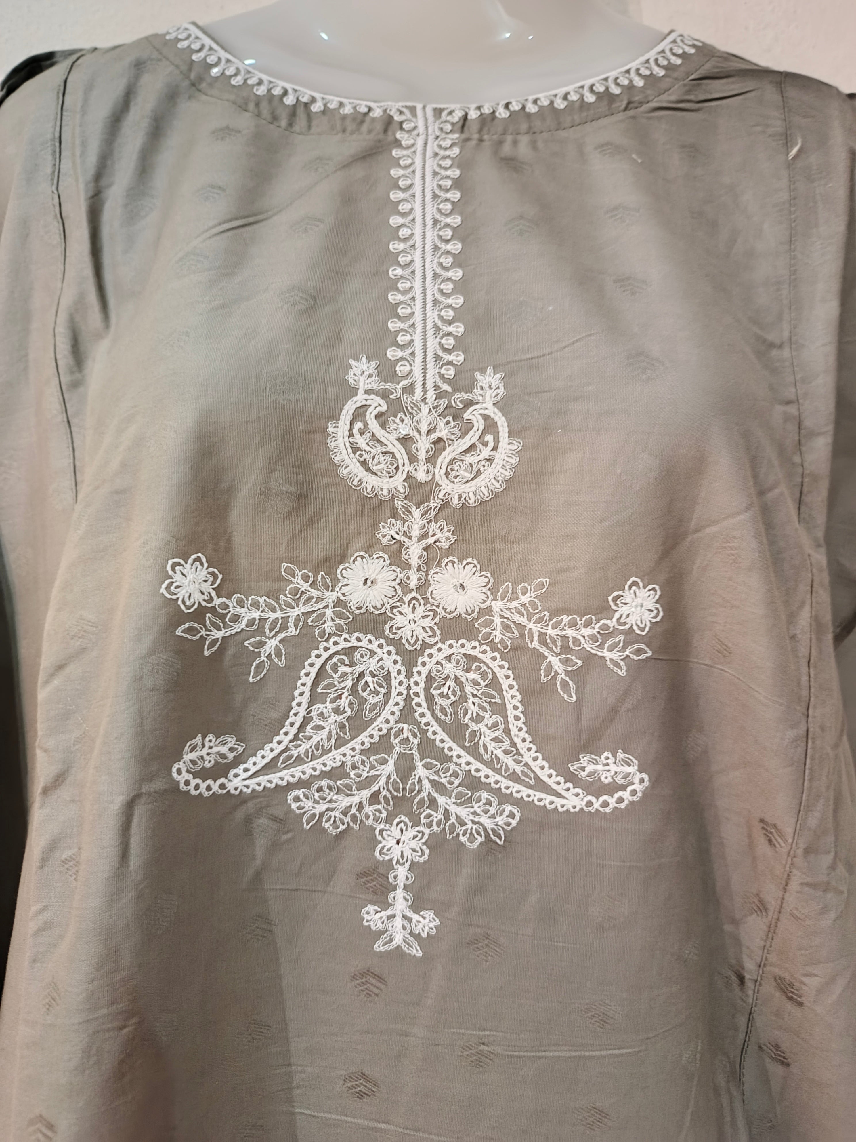Elegant 3-Piece Stitched Cotton Suit with Embroidered Chiffon Dupatta - Grey - Ready to Wear