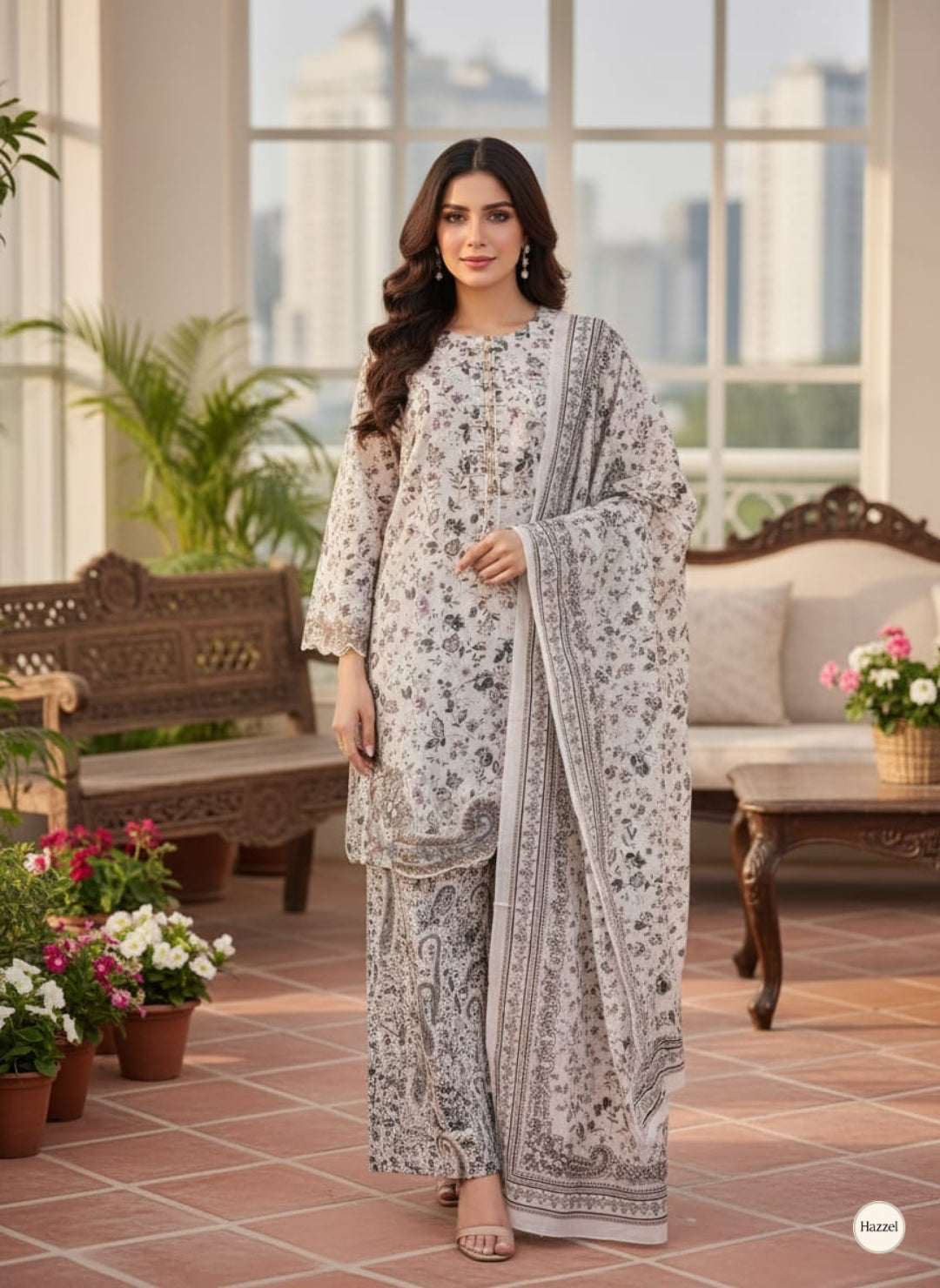 3-Piece Stitched Printed Cotton Suit with Heavy Embroidery & Chiffon Dupatta - Off-White - Ready to Wear