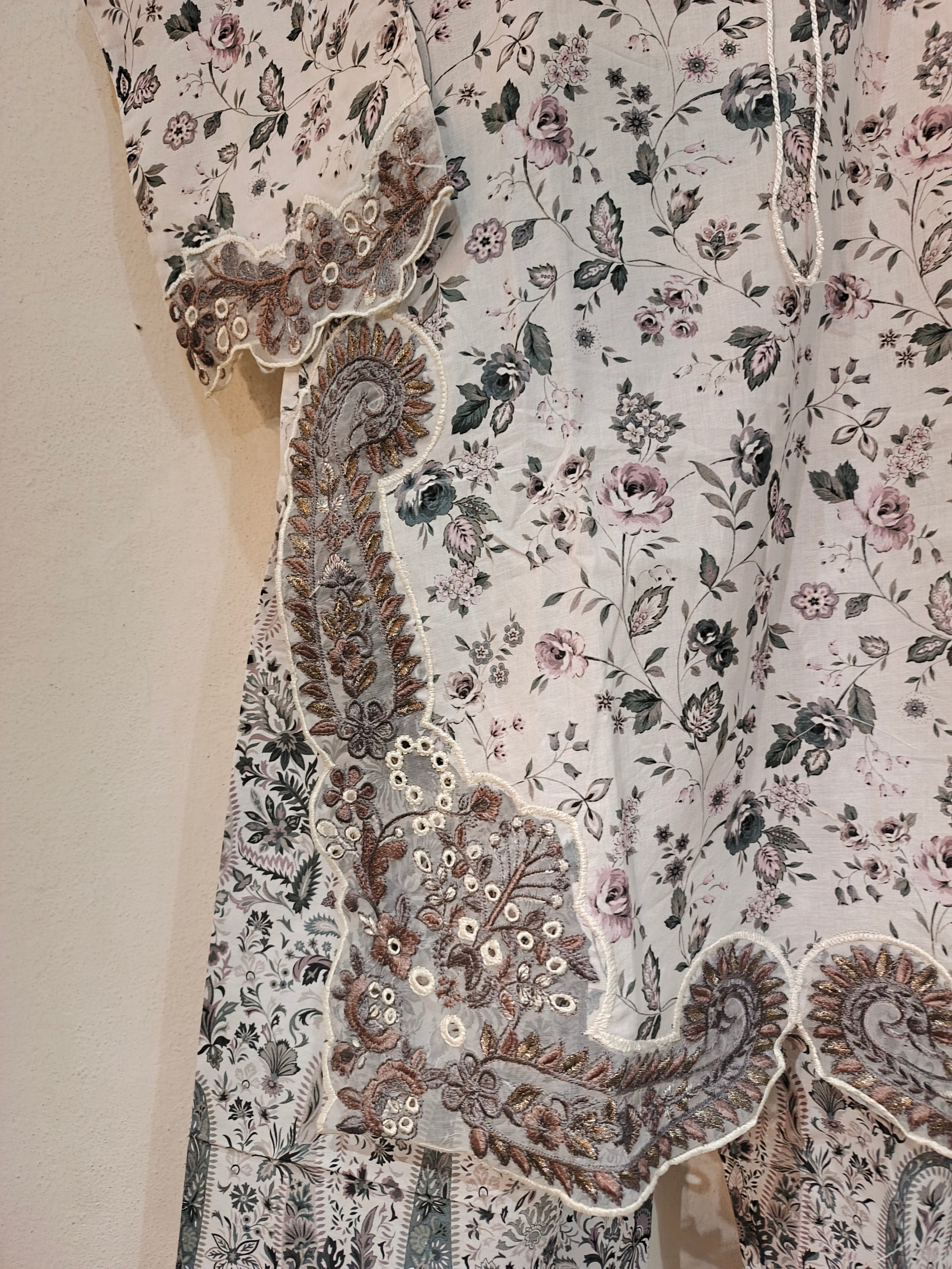 3-Piece Stitched Printed Cotton Suit with Heavy Embroidery & Chiffon Dupatta - Off-White - Ready to Wear