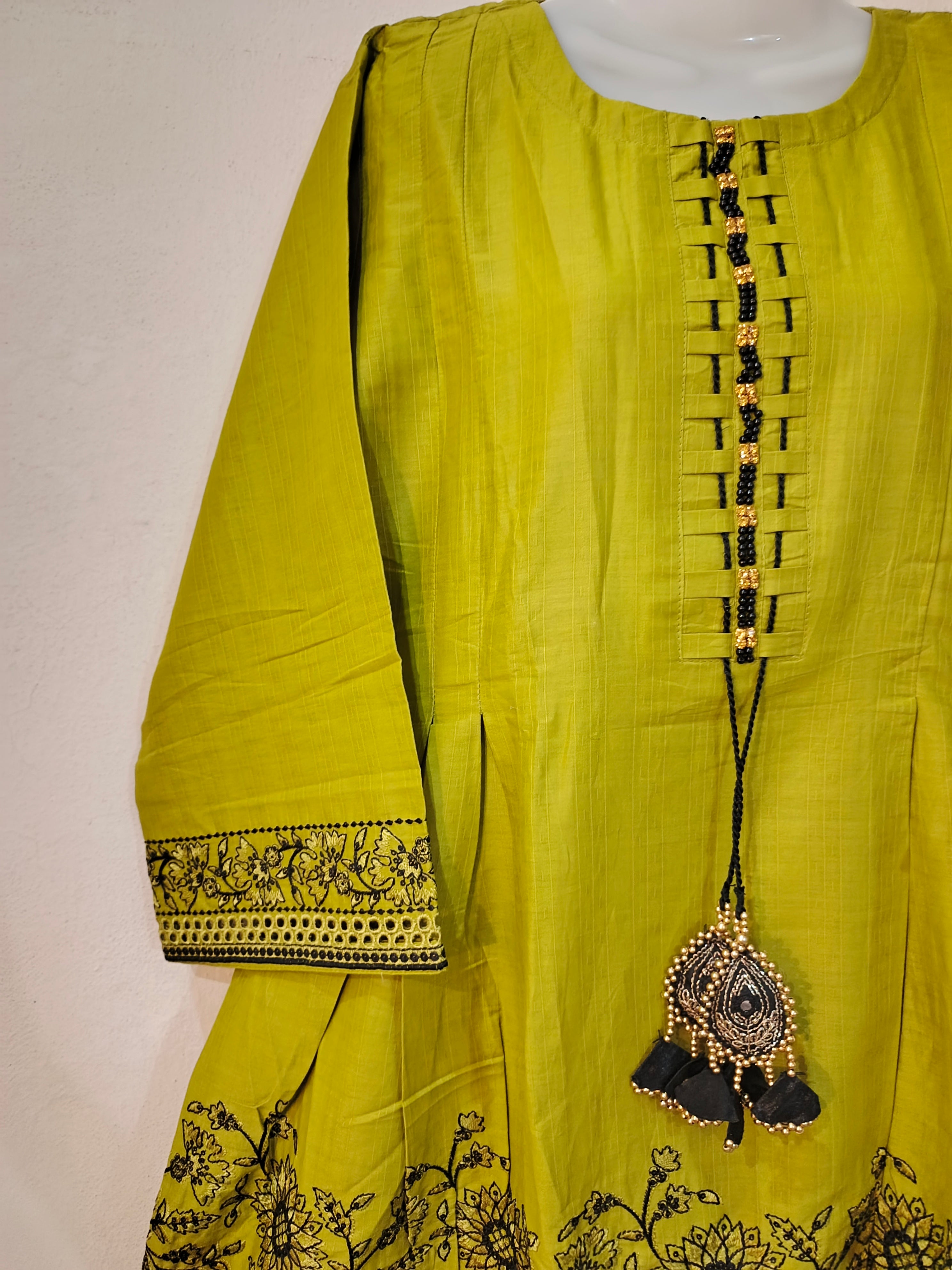 3-Piece Stitched Cotton Frock Style Suit with Chiffon Dupatta - Olive Green - Ready to Wear