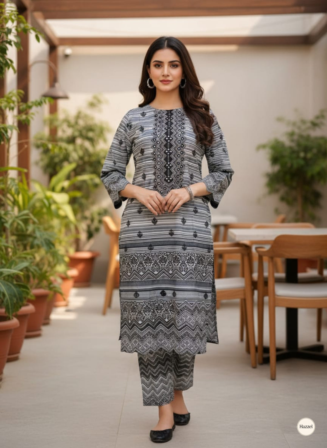 2-Piece Stitched Printed Cotton Suit - Black & White Geometric Print - Ready to Wear