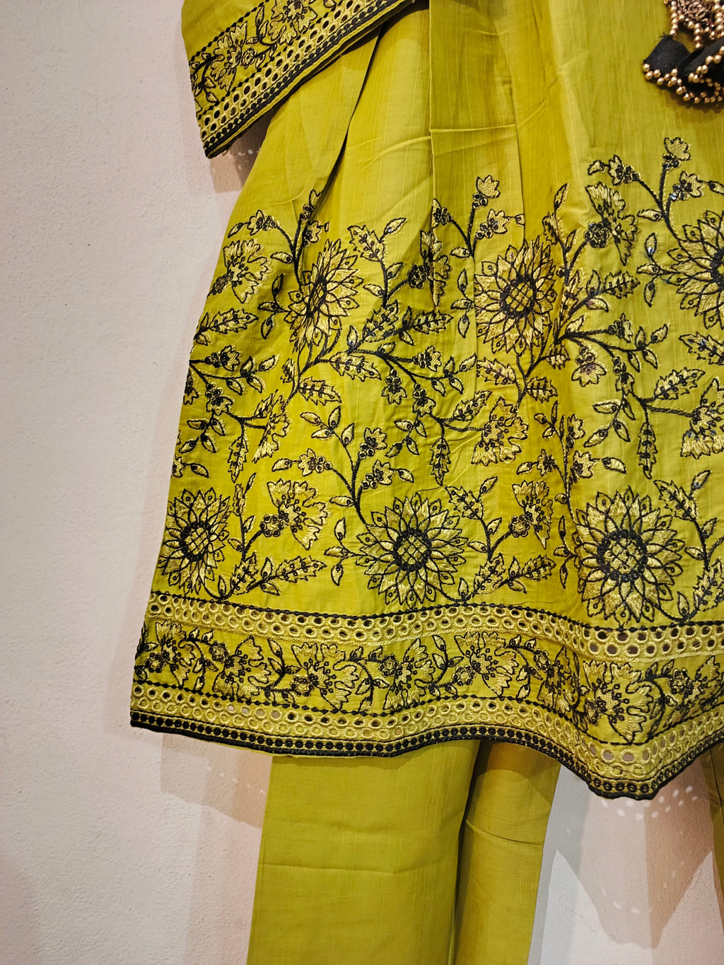 3-Piece Stitched Cotton Frock Style Suit with Chiffon Dupatta - Olive Green - Ready to Wear