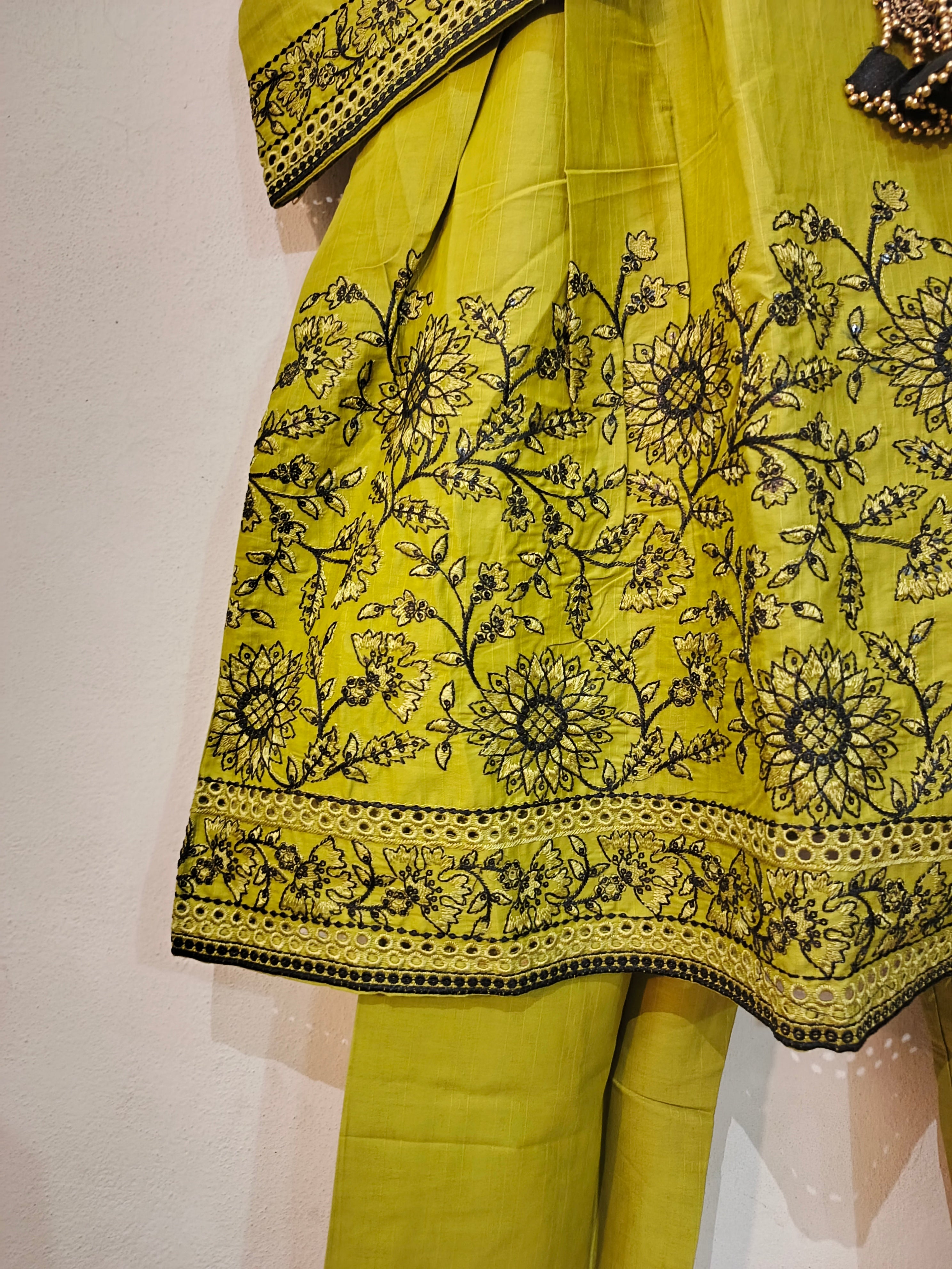 3-Piece Stitched Cotton Frock Style Suit with Chiffon Dupatta - Olive Green - Ready to Wear