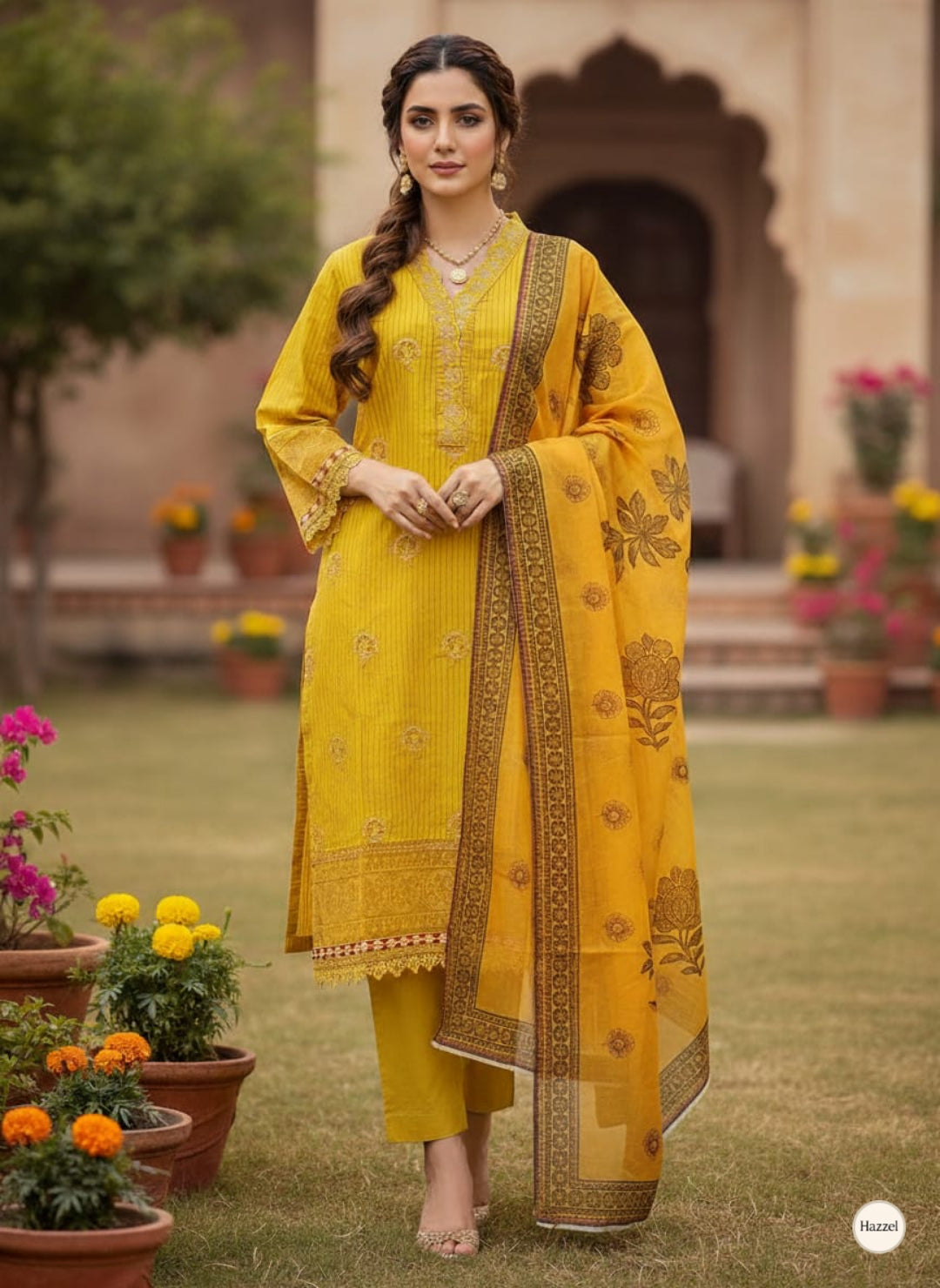 3-Piece Stitched Striped Cotton Suit with Printed Dupatta - Yellow - Ready to Wear