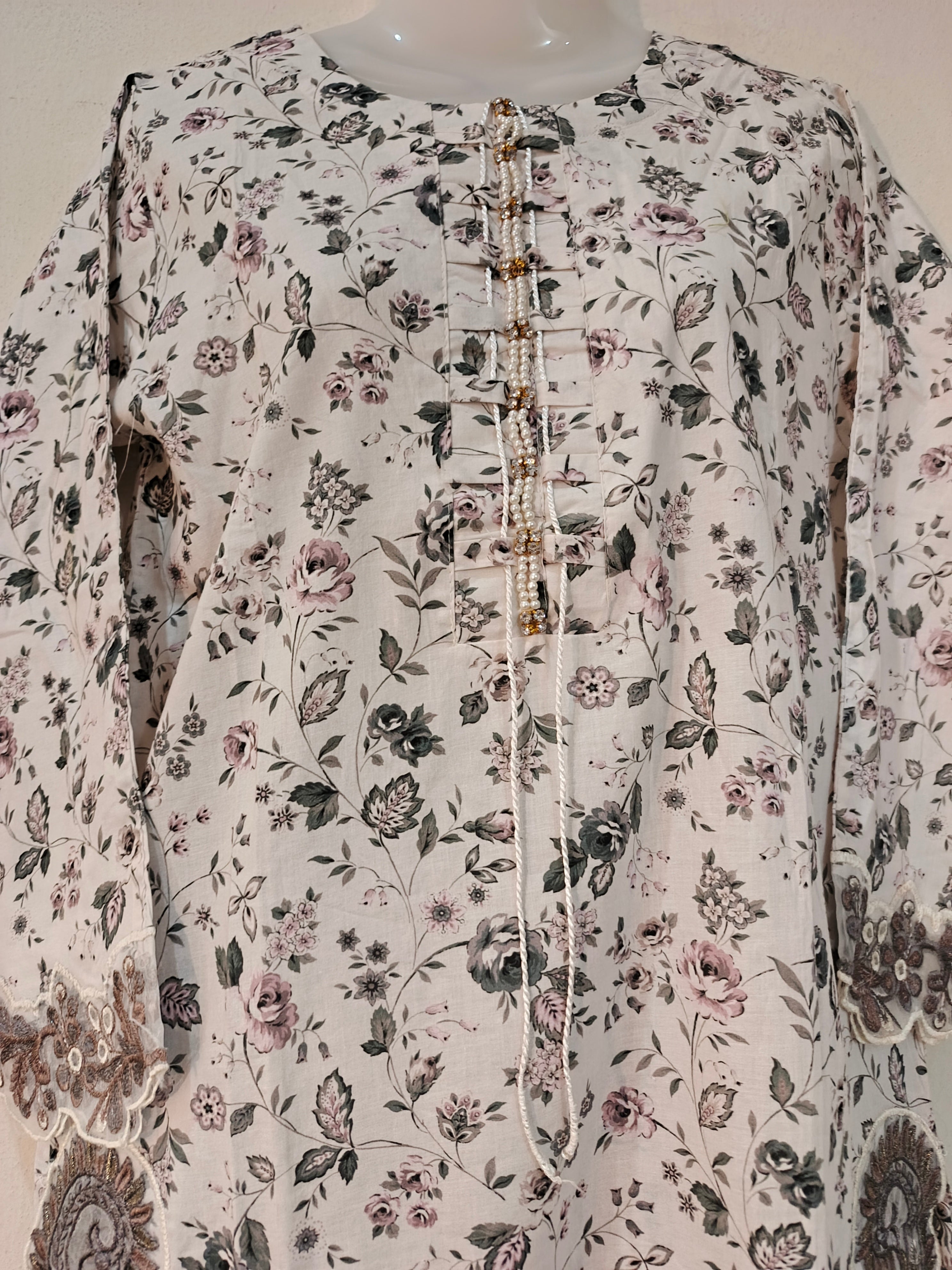 3-Piece Stitched Printed Cotton Suit with Heavy Embroidery & Chiffon Dupatta - Off-White - Ready to Wear