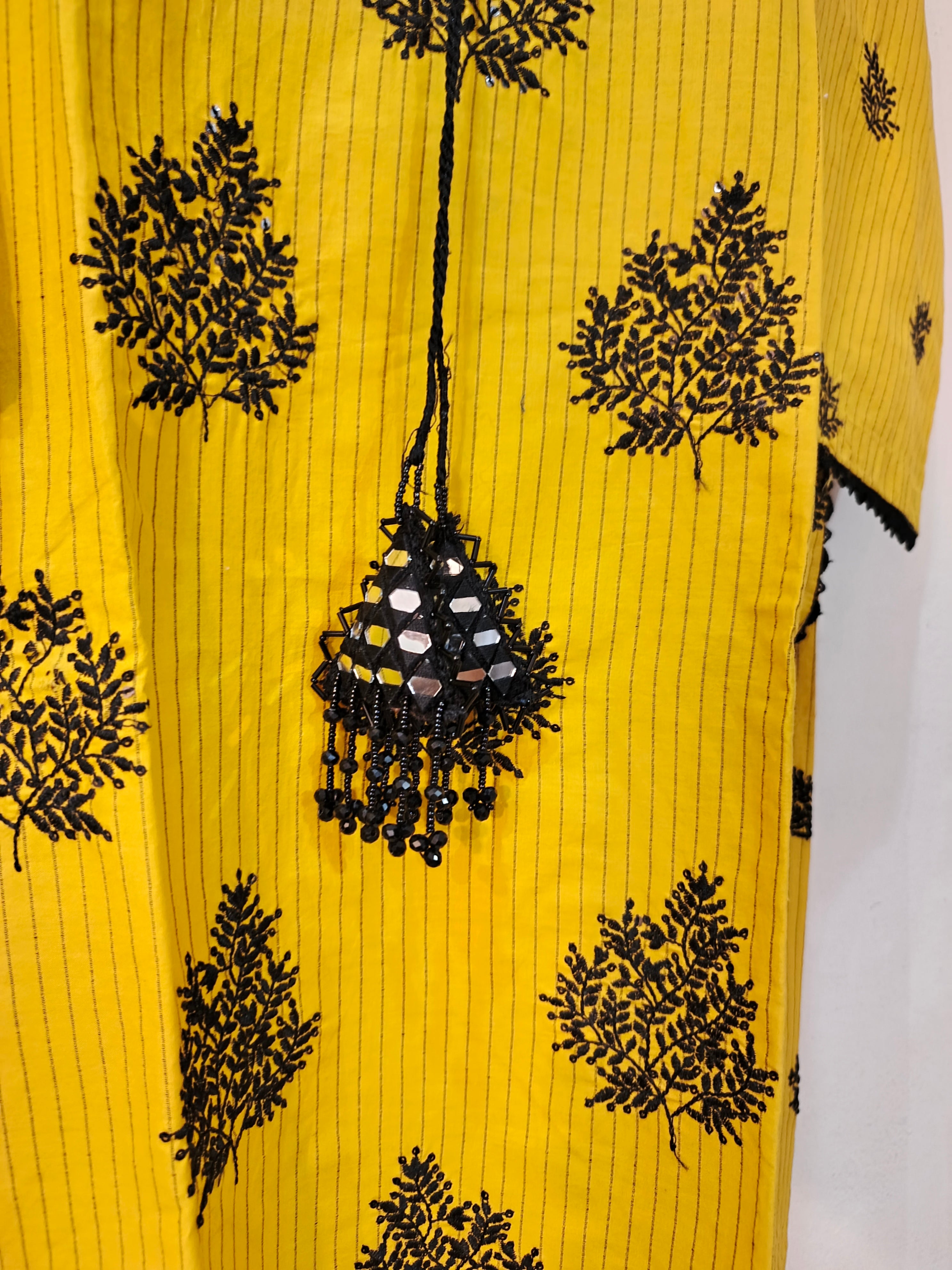 3-Piece Stitched Striped Cotton Suit with Embroidery & Chiffon Dupatta - Yellow & Black