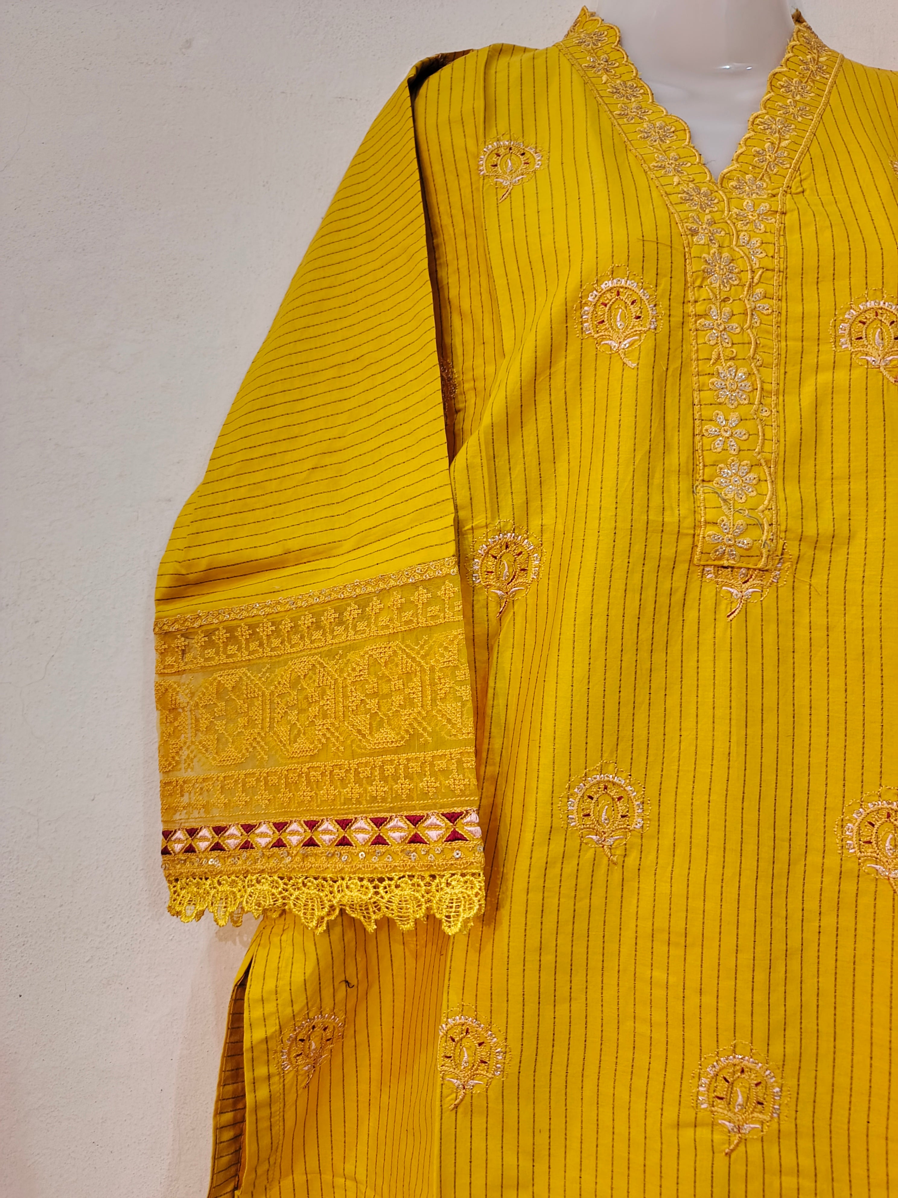 3-Piece Stitched Striped Cotton Suit with Printed Dupatta - Yellow - Ready to Wear